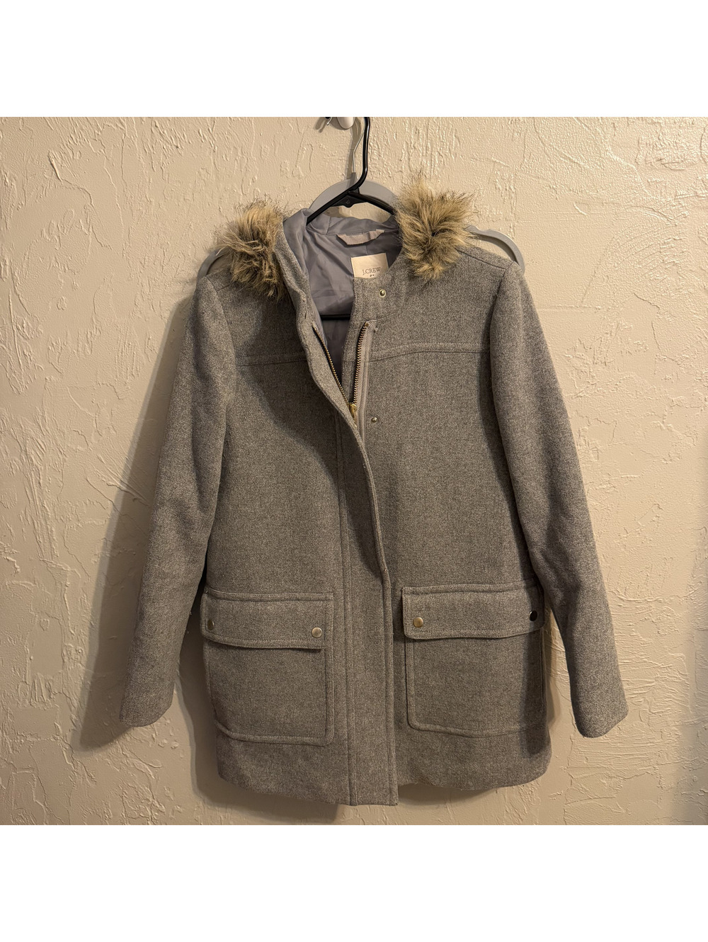 J.Crew Gray Wool Blend Hood Faux Fur Trim Winter Pea Coat Jacket Womens Size 66